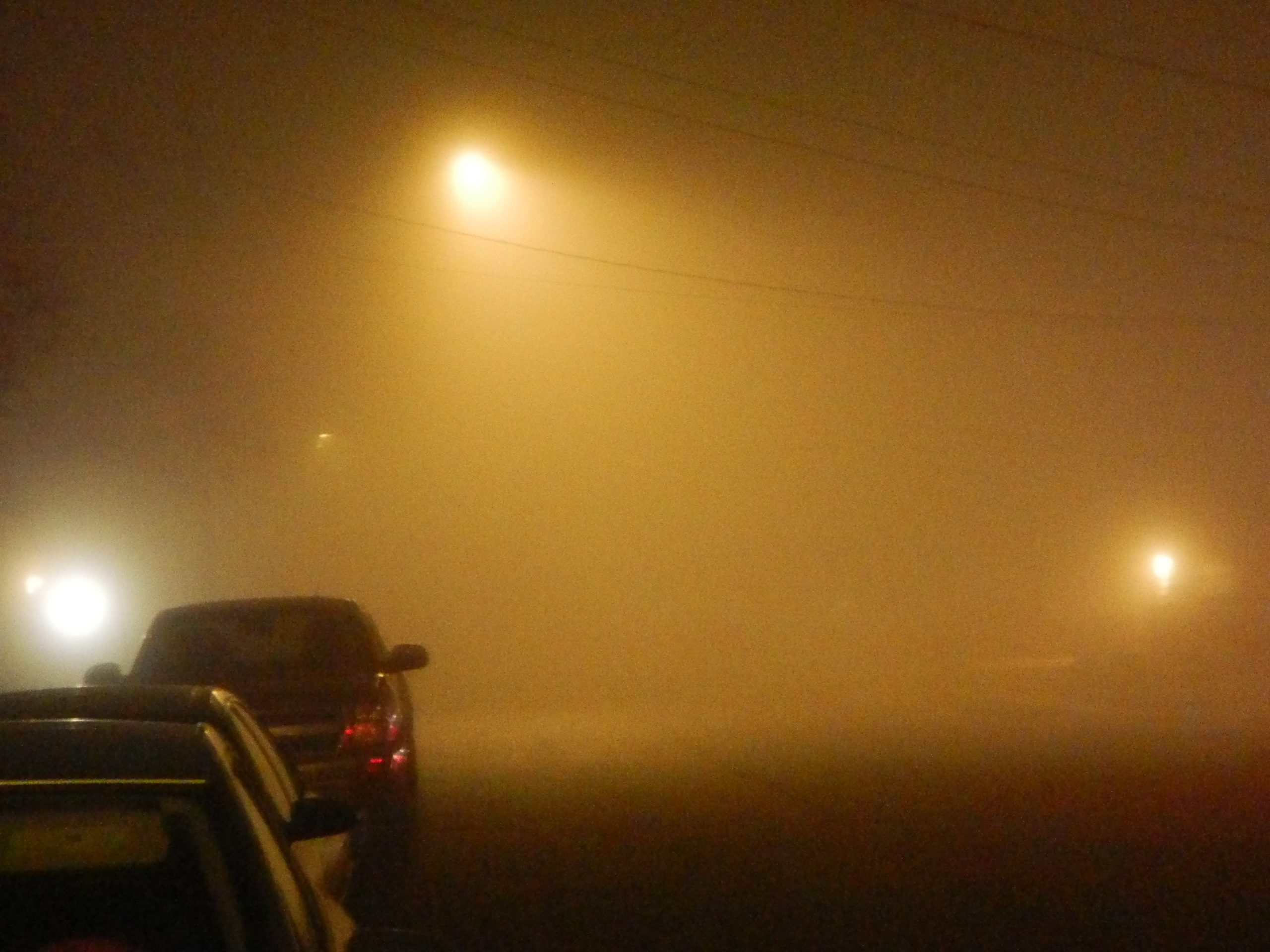Helle Straßenleuchten erzeugen nachts im Nebel starke Lichtkegel vor dunklem Hintergrund.